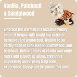 Vanilla Patchouli and Sandalwood liquid wax melts fragrance notes and scent description